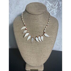 Mother Of Pearl Leaf Necklace With Gold Barrel Clasp & Beads